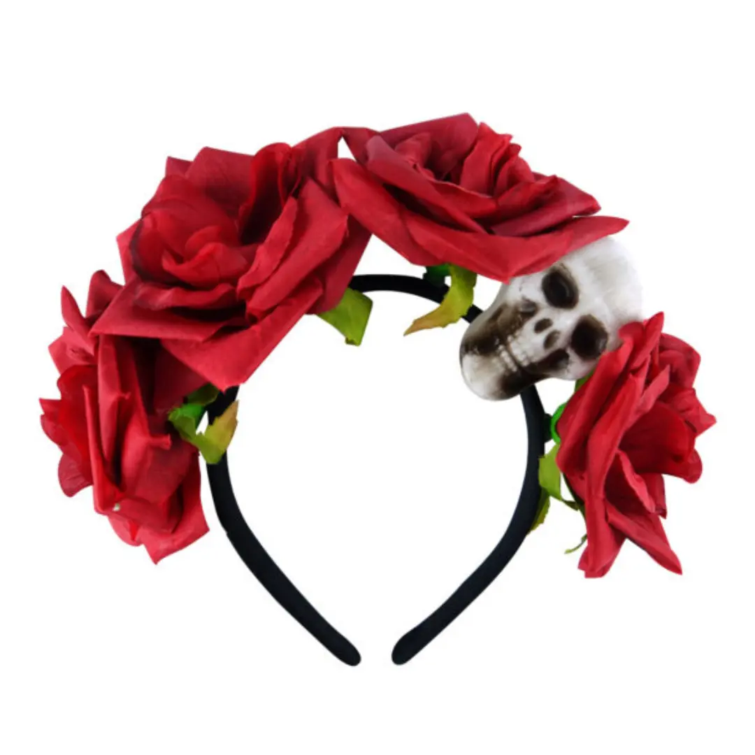 Black Headband With Skull & Flowers (1pc)