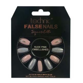 Technic Squareletto False Nails - Nude Pink Embellished (6pcs)